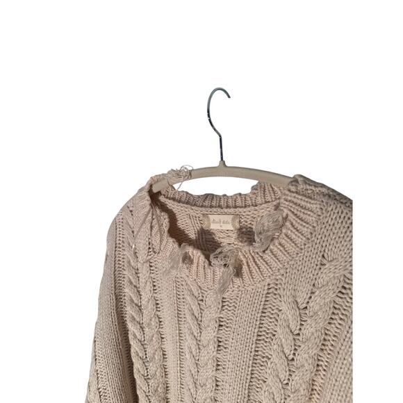 Altar'd State Beige Cable Knit Cropped sweater distressed Fringe Hem. Sz M - Picture 3 of 7